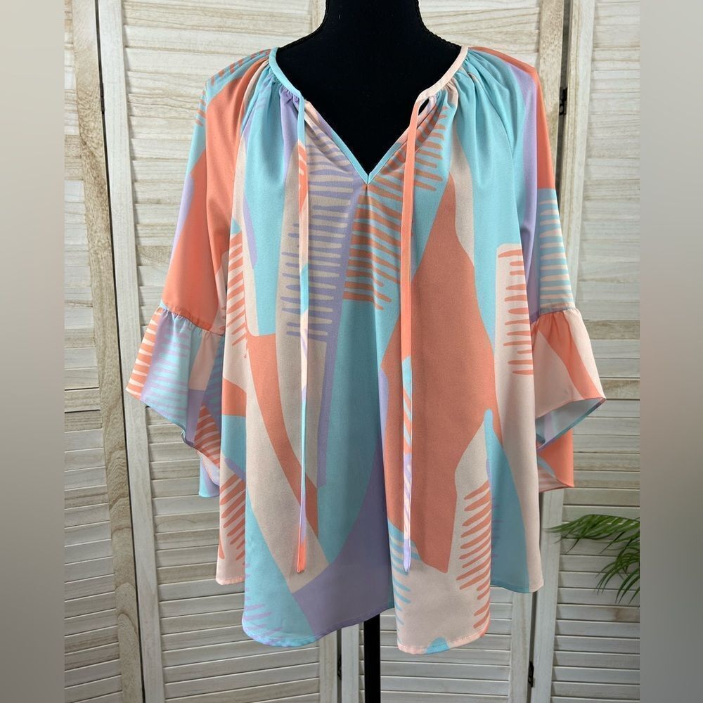 Crosby Mollie Burch Bell Sleeve Split Neck Top Medium